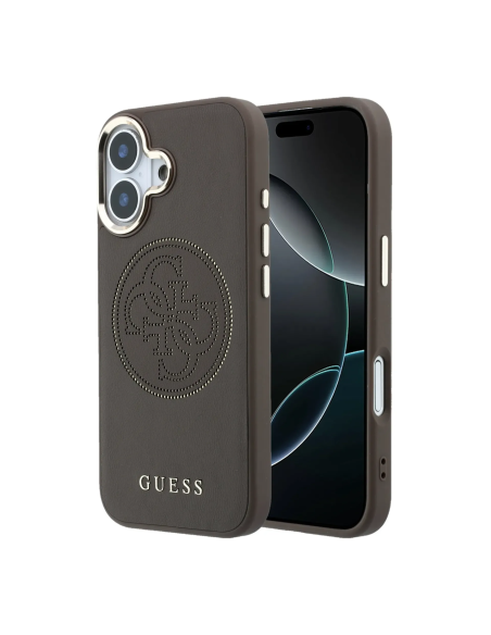 GUESS MagSafe Case for iPhone 17, faux leather with gold perforated logo (Brown)