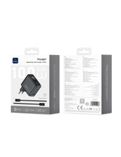 Cargador USB-A + 2 USB-C de 100 W con pantalla digital y cable USB-C a USB-C Voyager (Gris espacial)