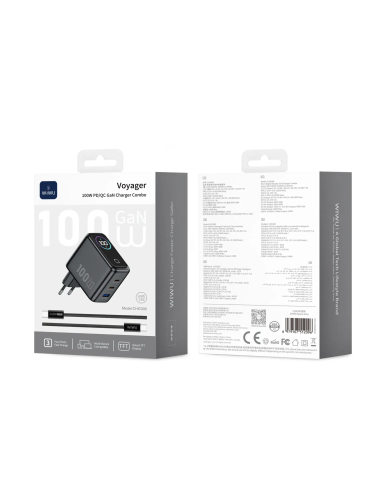 100W Charger with 1 USB-A + 2 USB-C Ports and USB-C to USB-C Cable Voyager (Space Gray)