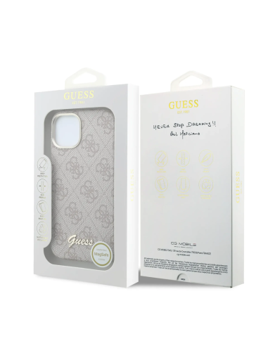 F. iPhone 14 de Polipiel con Magsafe Logo Guess en Relieve Rosa