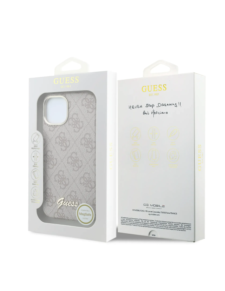 F. iPhone 14 de Polipiel con Magsafe Logo Guess en Relieve Rosa
