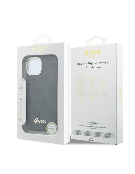GUESS – Funda iPhone 15 de Polipiel con MagSafe Logo Guess en Relieve Negra