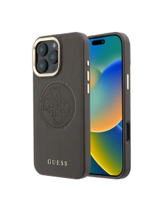 Funda GUESS para iPhone 17 Pro Max con MagSafe, efecto piel y logotipo dorado perforado (Marrón)