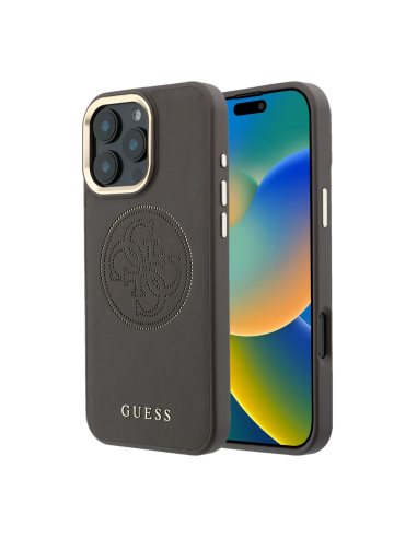 GUESS MagSafe Case for iPhone 17 Pro Max, faux leather with gold perforated logo (Black)