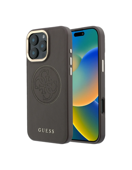 GUESS MagSafe Case for iPhone 17 Pro Max, faux leather with gold perforated logo (Black)
