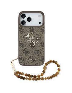 Funda GUESS para iPhone 17 Pro Max con correa de perlas, efecto piel y logotipo 4G (Marrón)