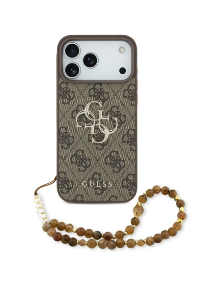 GUESS Case for iPhone 17 Pro Max with Pearl Strap, PU Finish and 4G Logo (Brown)