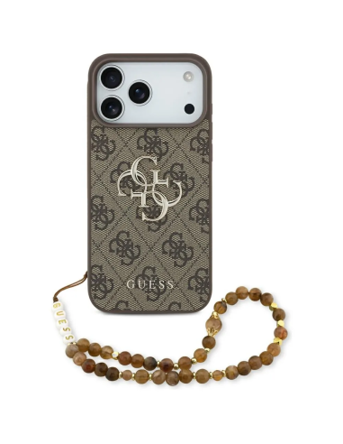 Funda GUESS para iPhone 17 Pro con correa de perlas, efecto piel y logotipo 4G (Marrón)
