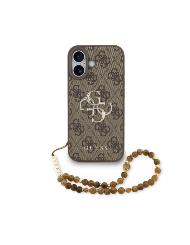 Funda GUESS para iPhone 17 con correa de perlas, efecto piel y logotipo 4G (Marrón)