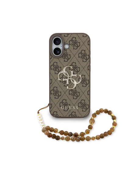 Funda GUESS para iPhone 17 con correa de perlas, efecto piel y logotipo 4G (Marrón)