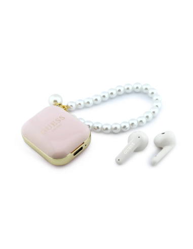 Auriculares TWS GUESS con correa de perlas (Rosa)