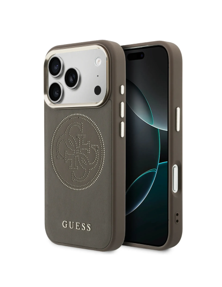 GUESS MagSafe Case for iPhone 17 Pro, faux leather with gold perforated logo (Brown)