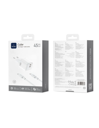 45W USB-C PD Charger with USB-C to USB-C Cable – Cube (White)