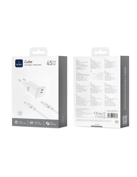 45W USB-C PD Charger with USB-C to USB-C Cable – Cube (White)