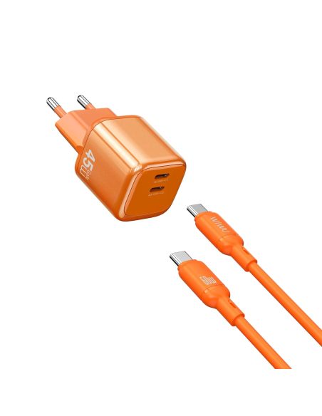 Cargador 2 USB-C PD 45 W con Cable USB-C a USB-C Cube (Naranja)