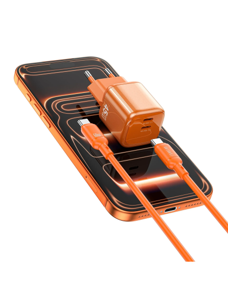 45W USB-C PD Charger with USB-C to USB-C Cable Cube (Orange)