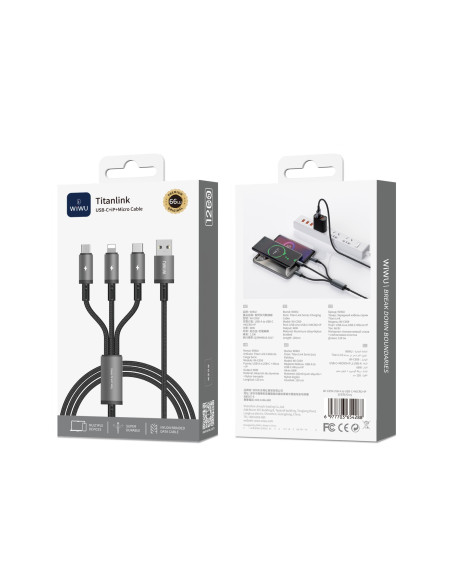 USB-A to USB-C + Micro USB + Lightning Cable 66W Titanlink (1.2 m)