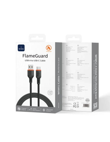 USB-A to USB-C Cable 2.1A FlameGuard Black (1.2m)