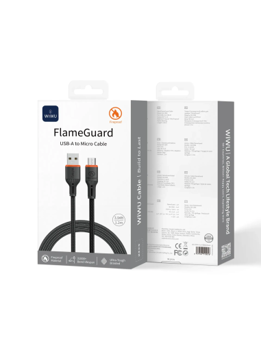 USB-A to Micro USB Cable 2.1A FlameGuard Black (1.2m)