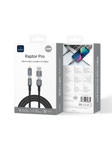 Cable USB-A + USB-C a USB-C + Lightning 240 W Raptor Pro (1,2 m)