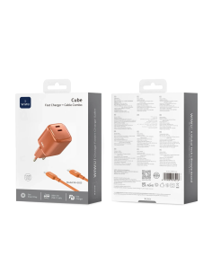 Cargador 2 USB-C PD 45 W con Cable USB-C a USB-C Cube (Naranja)