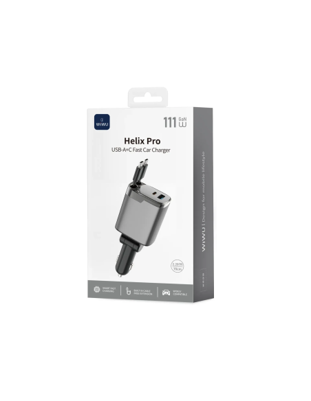 Cargador rápido para coche PD GaN de 111 W con USB-A, USB-C y dos cables retráctiles USB-C de 70 cm Helix