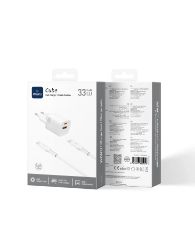 Cargador GaN USB-A y USB-C 33W con cable USB-C a USB-C Cube