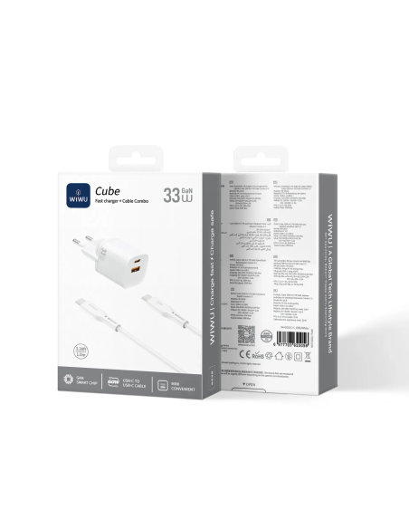 Cargador GaN USB-A y USB-C 33W con cable USB-C a USB-C Cube