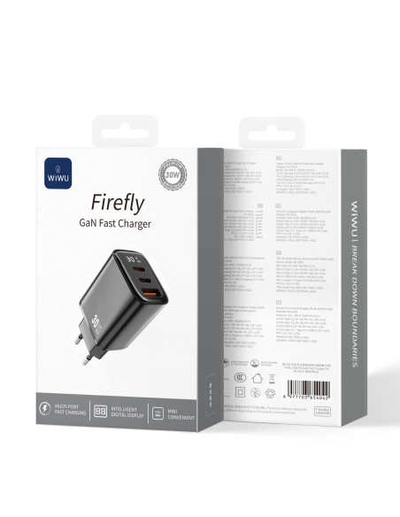 30W GaN Charger with 1 USB-A + 2 USB-C Ports and Digital Display Firefly