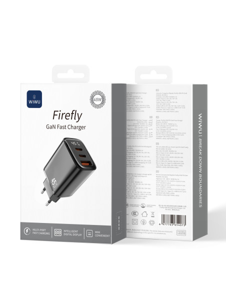 Cargador GaN 1 USB-A + 2 USB-C 45 W con Pantalla Digital Firefly