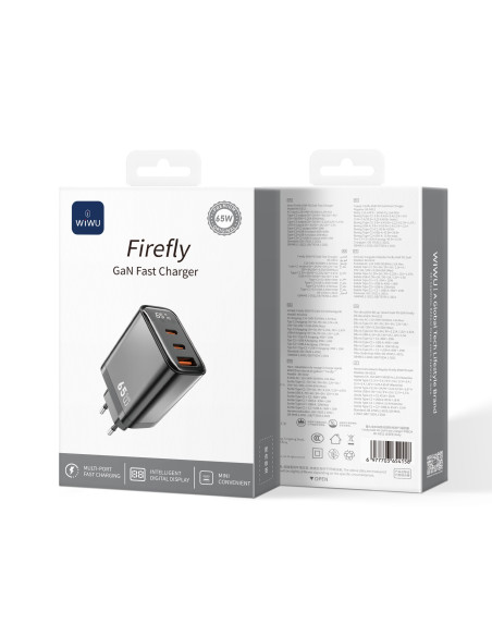 65W GaN Charger with 1 USB-A + 2 USB-C Ports and Digital Display Firefly