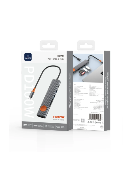 HUB USB-C 7 en 1 con HDMI 4K, PD 100W, 2 USB-A, USB-C, TF y SD Travel
